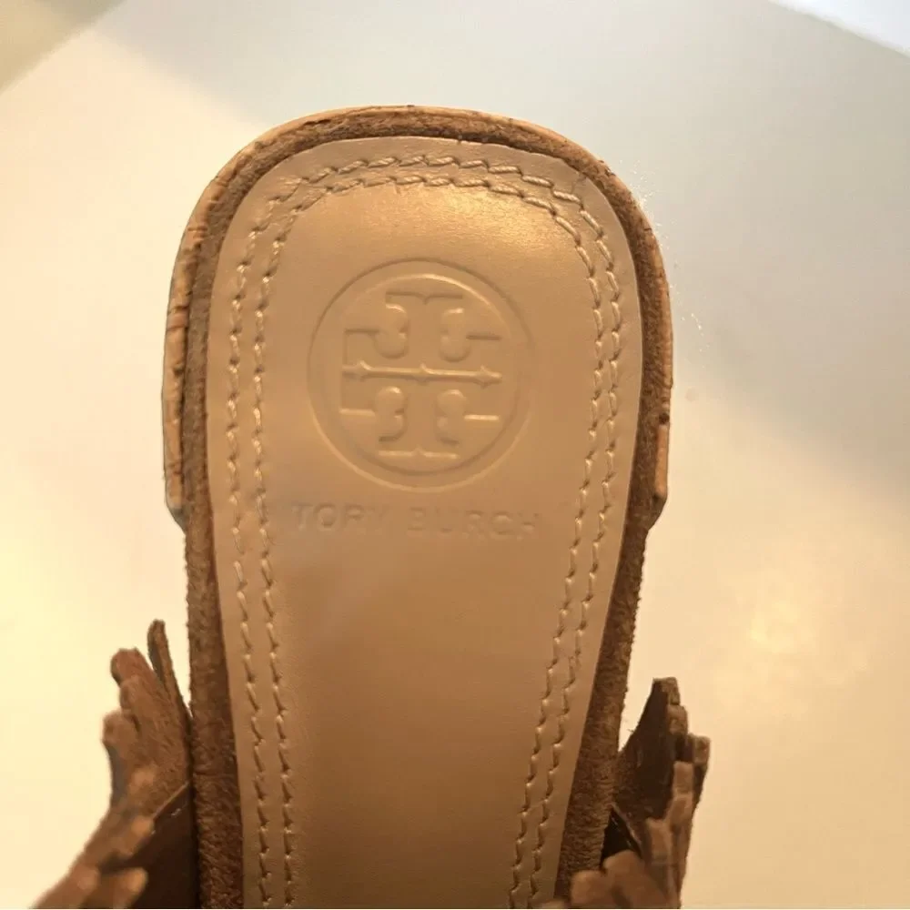Tory Burch Huntington Camel Suede Fringe Slide Mules in Tan Size 8‎
